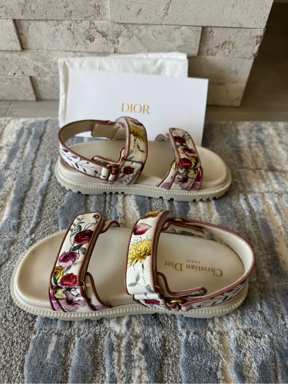 Dior Cream & Pink Floral DiorAct Dad Sandals - Gold Hardware